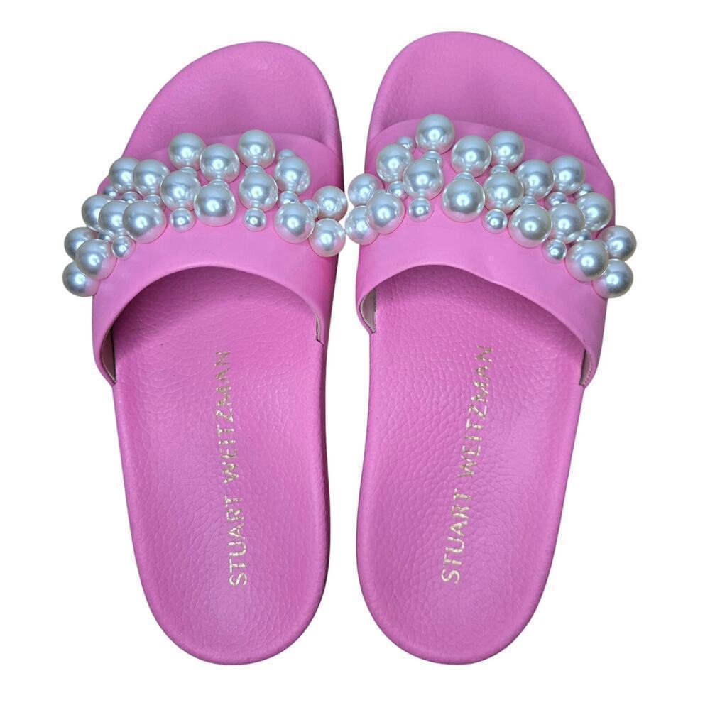 Stuart Weitzman Goldie Faux Pearl Studded Pool Slides pink size 7.